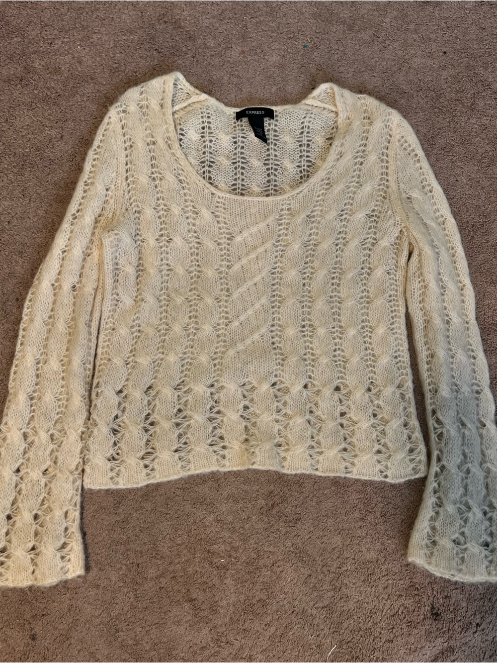 Express Cream Open-Weave Scoop Neck Knit Mohair Sweater